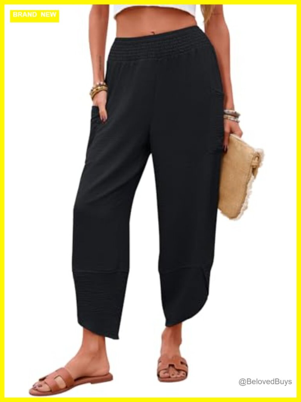 Womens Palazzo Capri Pants Smocked Waist Wide Leg Tulip Hem Pockets